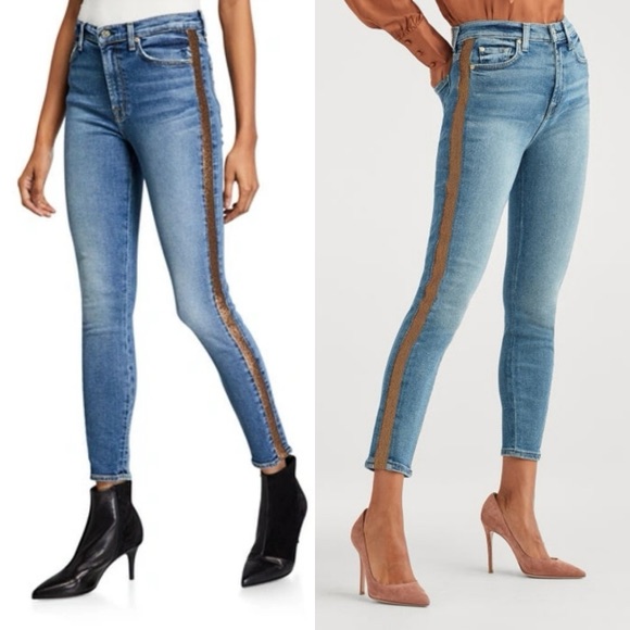 7 For All Mankind Luxe Vintage Gold Tuxedo High Waisted Ankle Skinny Jeans 28